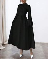 Voguable Autumn and Winter New Black Stand up Collar Waist Long Dress Women's Long Sleeve Retro Trumpet Sleeve Solid Color Dress voguable