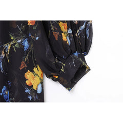 Floral Print Loose Midi Long Dresses Women Turtleneck Lantern Sleeve Boho Vestidos Spring Summer Lady Vacation Dress voguable