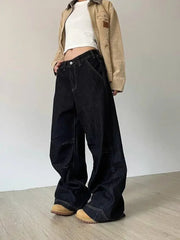 Grunge Black Jeans Women Y2k Vintage Oversized High Street Wide Cargo Denim Trousers Casual Baggy Straight Denim Pants voguable
