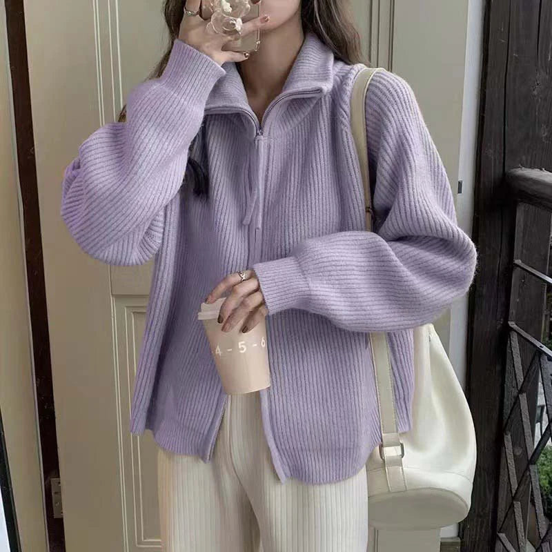 Alobee Super High Sense Nice Purple Knit Cardigan Outerwear Autumn and Winter 2024 New Thickened Lapel Zip-up Sweater Women voguable