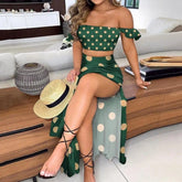 Voguable Ladies' Shoulder down Pleated Top High Slit Summer Citywalk Wrap Chest Large Swing Skirt Two Piece Set round Neckline No Sleeve voguable