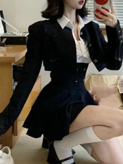 Voguable Y2K 3 Piece Set Women Cropped Coat + Long Sleeve Shirt + High Waist Halter Ruffles Mini Dress Korean Chic Fashion Sexy Outfits voguable