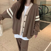 Varsity Cardigan Sweater for Women Long Sleeve V-Neck Button-up Knit Slouchy Cardi Korean School-girl Preppy Fall Winter Outfit voguable