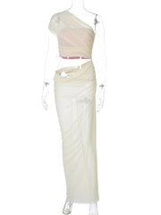 Mozision Mesh Hollow Out Backless Sexy Maxi Dress For Women Fashion One Sleeveless See Through Ruched Bodycon Club Long Dress voguable