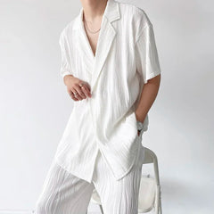 Pleated Shirts Men Pure Color Daily Japanese Commuting Style Simple Advanced Handsome Workout Leisure Baggy Comfortable Harajuku voguable