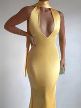 Mozision Halter Backless Sexy Maxi Dress For Women Gown Fashion Solid Deep V Neck Sleeveless Bodycon Club Long Dress Elegant voguable