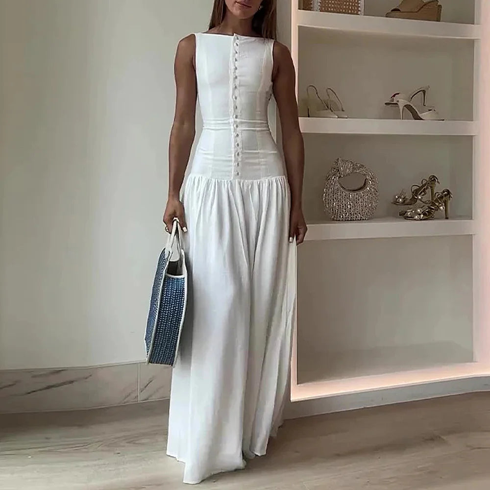 Dresses Spring Summer K-Style Skinny Fit Single Breasted Sleeveless Boat Neck Maxi Bodycon Casual Dresses For Women voguable