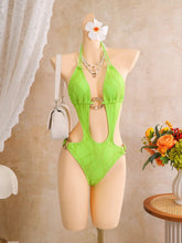 Voguable Hollow Cutout One Piece Suits Swimsuit Deep V Neck Front Large Metal O Ring Halter Tie Straps Side High Cut Leg Monokini Bikini voguable