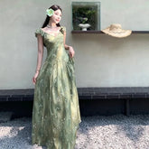 Voguable Floral Flying Sleeve Chiffon Dress Women French Summer Beach V Neck Sexy Long Dress Casual Fashion Vacation Elegant Simple Dress voguable