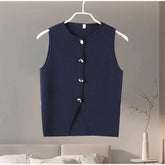 yeknuCasual Solid Knitted Crop Top Women Summer Elegant Sleeveless O-neck Single Breasted Split Vest Tops All-match Streetwear voguable