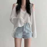 Sexy Off Shoulder Sweater Women V Neck Long Sleeve Thin Knitwear Korean Oversized Loose All Match Casual Female Pullovers New voguable