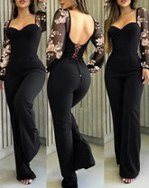 Voguable Sweetheart Neck Sequin Flower Mesh Lantern Sleeves Lace-up Back Jumpsuit Casual Backless Seam Front Wide Leg Jumpsuit voguable
