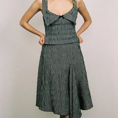 Women Vintage Black White Irregular Plaid Skirt Metal Eyelets High Waist A-line Cotton Summer Skirts Holiday