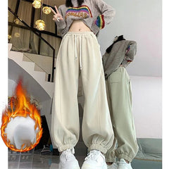 Sports Sweatpants Women Winter New High Waist Thermal Plus Fleece Wide Leg Drawstring Casual Elastic Waist All-match Trousers voguable