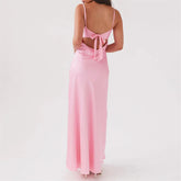 Sexy Long Dresses Women Solid Color V Neck Tie Up Spaghetti Strap Sleeveless Backless Dress Evening Party Dresses voguable