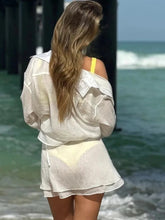 Voguable Summer Women's Shirt Set Yellow Bandage Mini Skirt Turn-Down Collar Top, Casual Beach Two Piece Outfit Vacation Slim Suit Chic voguable
