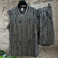 Men's Sleeveless T-Shirt Shorts Set O-Neck Casual Hollow Tank Top + Shorts hole Hollow Quick Male Breathable Vest 2 Piece Set voguable
