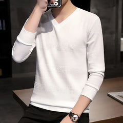 Autumn Winter New Fashion V-neck Long Sleeve Embossed Pattern Pullovers Men's Clothing Solid Knitting Casual All-match Chic Tops voguable