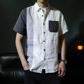 Voguable Loose Summer Thin Spliced contrasting Color Short-sleeved Linen Shirt Retro Casual Cardigan voguable