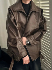 American Spring Autumn Retro PU Jacket Stand Collar Cargo Motorcycle Leather Coat Men Women Trend Casual PU Leather Jacket Urban voguable