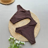 Voguable Dark Brown One Shoulder Solid Swimwears Sexy Swimsuit Women One Piece Hollow Out Monokini Metal Ring Bathing Suit Bodysuit voguable