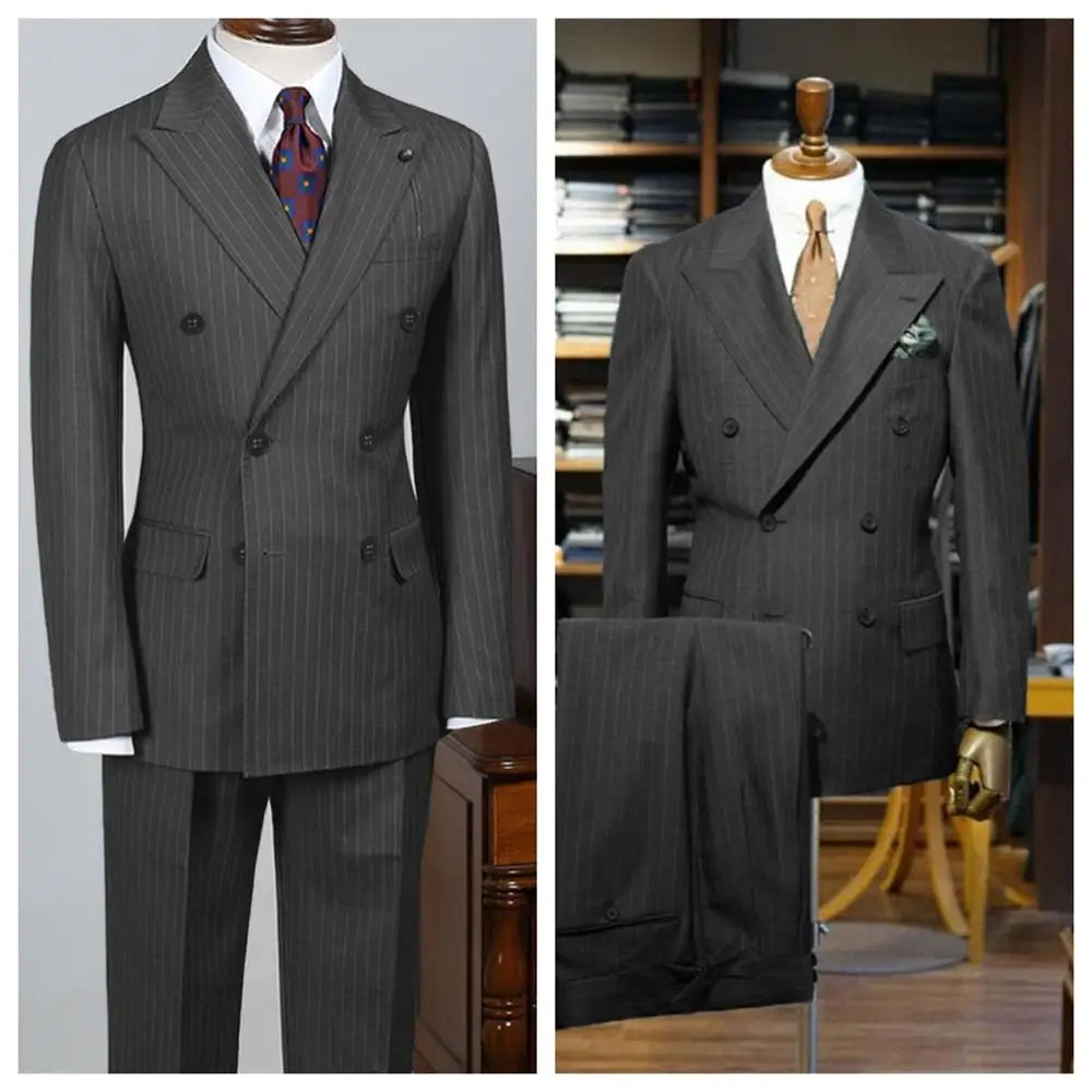 Voguable Gray Striped Men's Suit 2 Piece Set Man double-breasted Slim Fit Business Formal suit Casual Suit Jacket Pant Groom's suit dress voguable