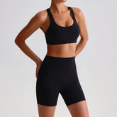 Voguable Solid Color High Waist Gym Yoga Short Legging Set Tight Women Cross Back High Impact Shoulder Strap Fitness Bra Top Sportwear voguable