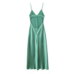 Voguable New Women Green Satin Midi Spaghetti Strap Sexy Dresses Chic Backless V Neck Female Party voguable