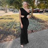 Sexy Sleeveless Hollow Out Pleated Patchwork Maxi Dress For Women High Waist Off-shoulder Slim Club Party Long Dress voguable