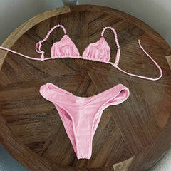 3Pcs Mirco Bikini 2025 Sexy Swimsuit Women Push Up Swimwear Bandeau Biquini Female Pink Bodysuit Bathing Suits Sarong Cover Up voguable