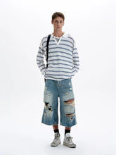 American Retro Striped Contrasting Color V-neck Long-sleeved Polo Shirt Men Women Loose Casual Bottoming Trendy Tops Aesthetic voguable