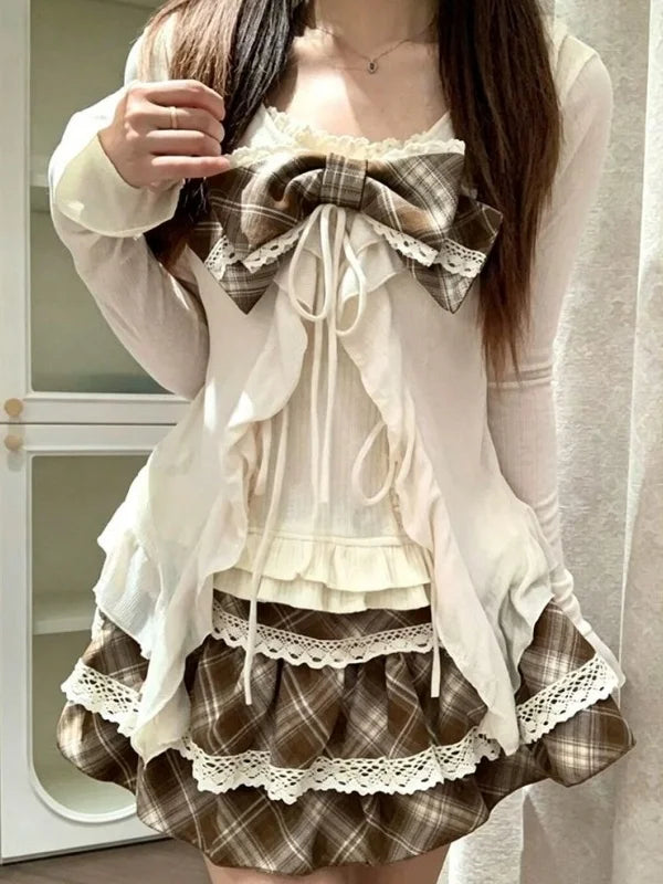 Voguable Early Autumn Three-Piece Set Breathable V-Neck Checkered Knot Strap Bell-Cuff Open Cardigan Atmosphere Feeling Clot... voguable