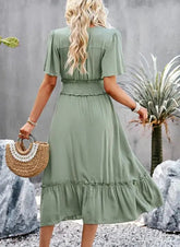 Voguable Summer New Women's Fashion Style Collection Waist Split Long Sleeve Slim Short Sleeve Solid Color V-neck Dress voguable