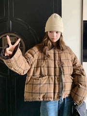 Warm Vintage Plaid Parkas Women Loose Long Sleeve Winter Thick Cotton Coat Korean Casual Pockets Cute Sweet Jacket Tops New voguable