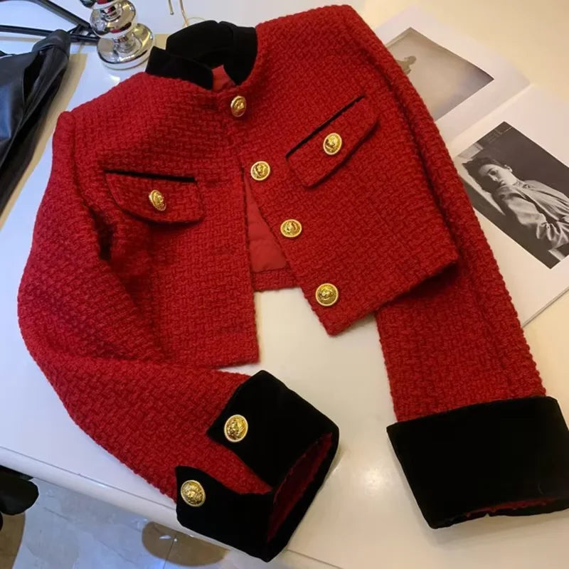 Fashion Stitching Tweed Short Jacket Women Autumn Winter Elegant Office Lady Coat Y2K Korean O Neck Single Breasted Crop Outwear voguable