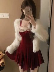 French Elegant Red Party Velvet Mini Dress Women Fashion Patchwork Princess Vestidos Female Spring Autumn Graduation Clothes voguable