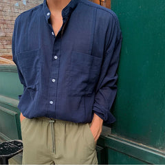 Voguable Beach Long Sleeve Linen Shirt, Men's Solid Color Loose, South Korea Popular Leisure Linen Shirt, Travel & Outdoor Wear voguable