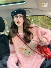 Cute Cartoon Pink Sweater Women Sweet Long Sleeve Knitted Kawaii Jumper Vintage Japan O Neck Lady Casual Lazy Wind Tops New voguable