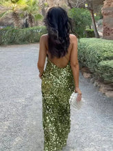 Women's Green Sequin Backless Sling Dress Sexy Sleeveless Off Shoulder Slim Vestidos Elegant Female Evening Party Long Robes voguable