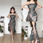 Voguable Vintage Elegant Ice-colored British Retro Waist Strap Three-dimensional Flowers Irregular Ruffle Stitching Evening Dress voguable