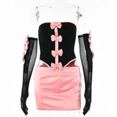 Sexy Strapless Bows Trim Women Two Piece Sets Black Gloves Tops Pink Skirts Female Summer Skinny Fashion Party Clubwear voguable