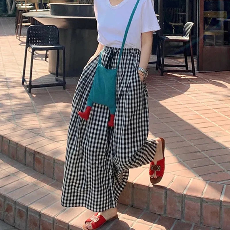 MEXZT Retro Plaid Wide Leg Pants Women Streetwear High Waist Drawstring Loose Casual Trousers Summer Korean All Match Skirt Pant voguable