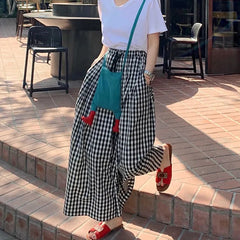 MEXZT Retro Plaid Wide Leg Pants Women Streetwear High Waist Drawstring Loose Casual Trousers Summer Korean All Match Skirt Pant voguable