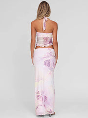 Mesh Print Sexy Skirt Two Piece Set Women Fashion Halter Tank Tops And Maxi Skirt Female Elegant Printed 2 Piece Set voguable