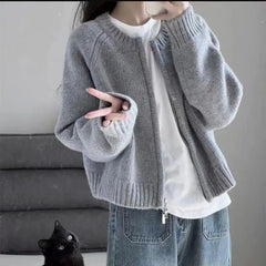 Gray Short Sweater Coat Women Clothing Autumn Winter New Loose Thicken Zipper Long Sleeve Aesthetic Knitted Cardigans Tops voguable