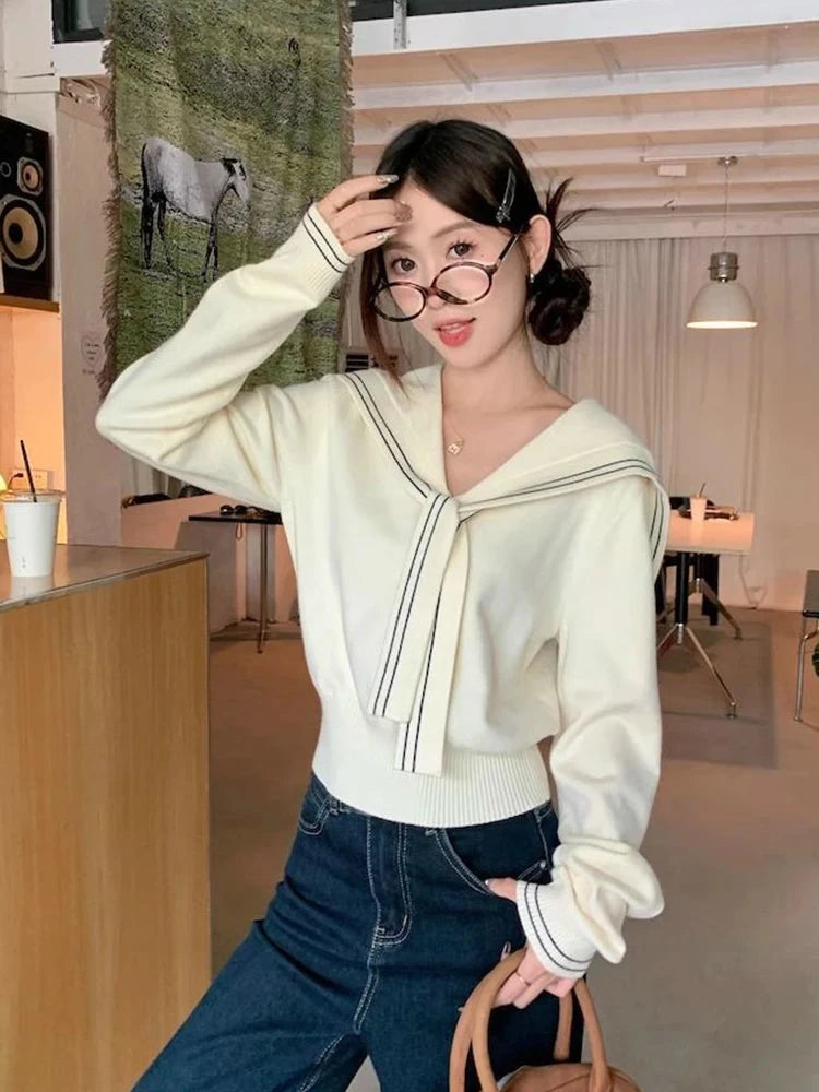Sweet Sailor Collar Sweaters Women Vintage Preppy Style Fall Knitted Jumpers Casual Long Sleeve Lady Loose Striped Pullover New voguable