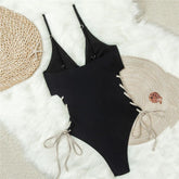 Voguable Black Cross String Lace-up Swimwears Women One Piece Sexy Swimsuit Hollow Out Monokini Deep V Neck Bandage Bathing Suit voguable