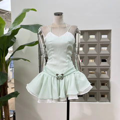 Fashion Contrast Color Green Spaghetti Strap Dress Women's Slim Metal Buckle Bottom Shorts Mini Dresses Summer New 3A106 voguable