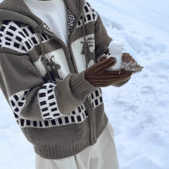 American Retro Christmas Sweater Men Hooded Patchwork Jacquard Elk Christmas Zipper Knitted Sweater Men Cardigan Coats voguable