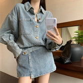 Voguable 2024 Spring New Streetwear Distressed Loose Casual Denim Long-sleeved Shirt Women + Asymmetric Sexy A-line Skirt Two-piece Suit voguable